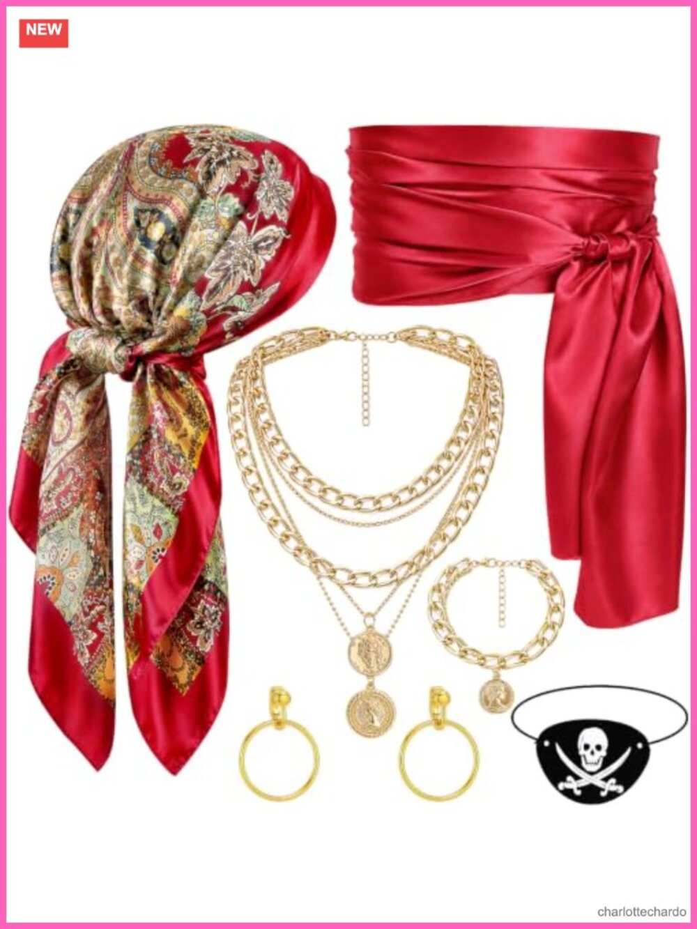 6 Pc Pirate Costume Accessories Set Bandana Sash Eye Patch Unisex
